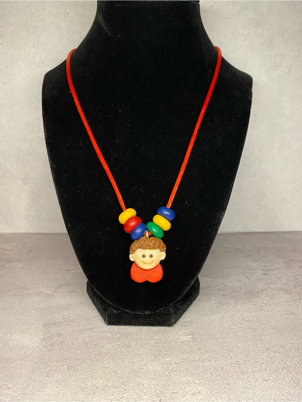 Vintage 90s Polymer Clay Boys Face Character Kidcore Necklace- Primary Colors